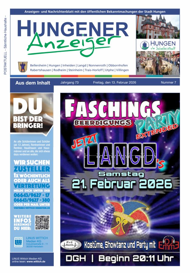 Anzeigen- und Nachrichtenblatt mit den öff  Bekanntmachungen der Stadt Hungen Titelblatt 07/2026