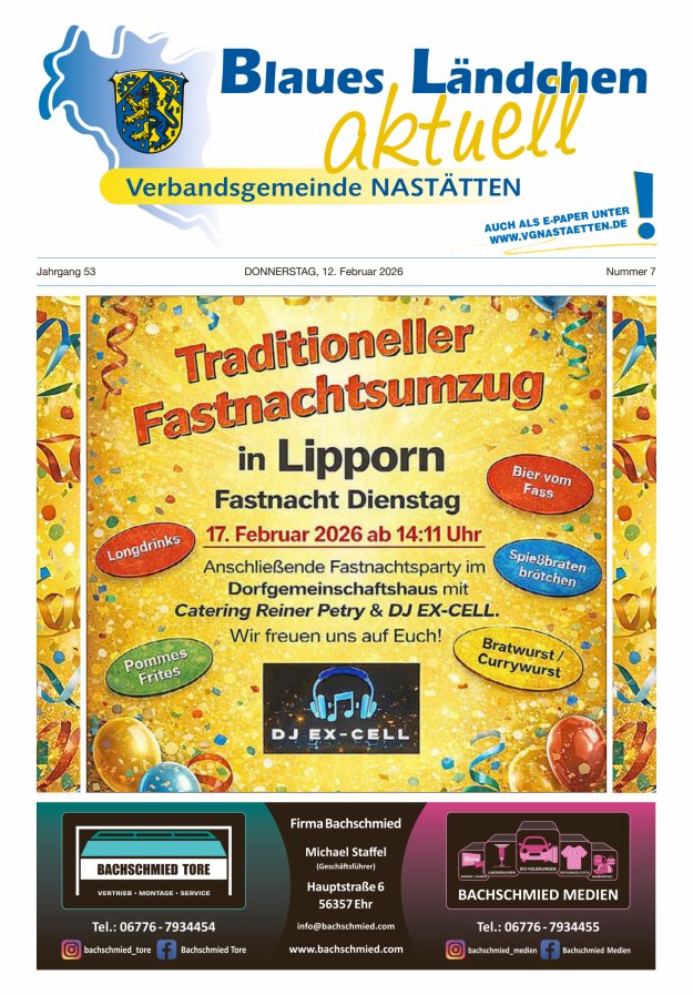 Blaues Ländchen aktuell - Heimat- u Bürgerzeitung VG Nastätten Titelblatt 07/2026