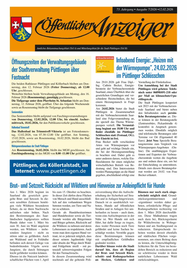 Öffentlicher Anzeiger - Stadt Püttlingen Titelblatt 07/2026