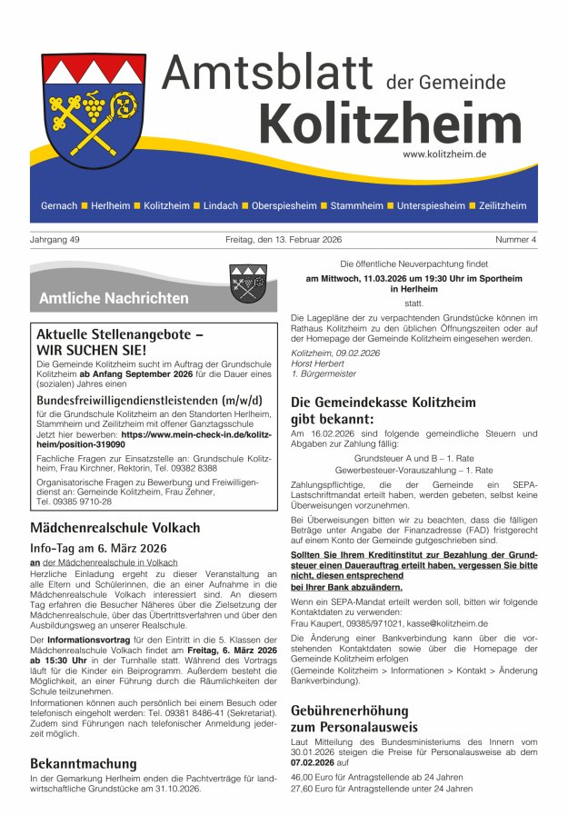 Amtsblatt der Gemeinde Kolitzheim Titelblatt 04/2026