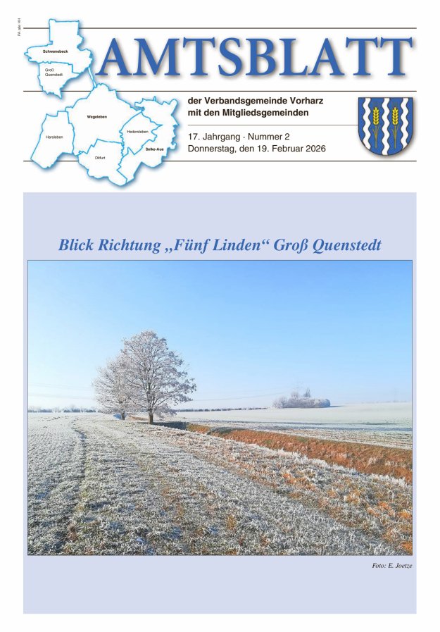 Amtblatt der Verbandsgemeinde Vorharz mit den Mitgliedsgemeinden Titelblatt 02/2026