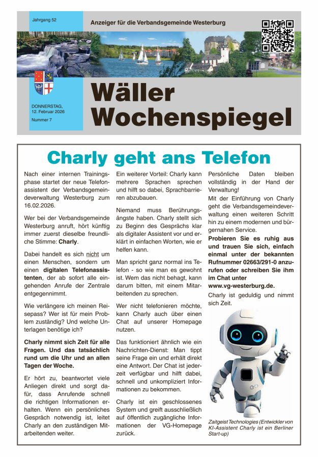Wäller Wochenspiegel - Anzeiger für die Verbandsgemeinde Westerburg Titelblatt 07/2026