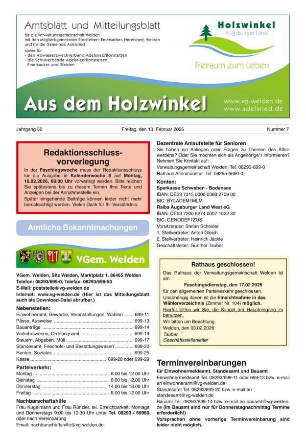 Aus dem Holzwinkel Amtsblatt u Mitteilungsblatt f VG Welden u GemAdelsried Titelblatt 07/2026