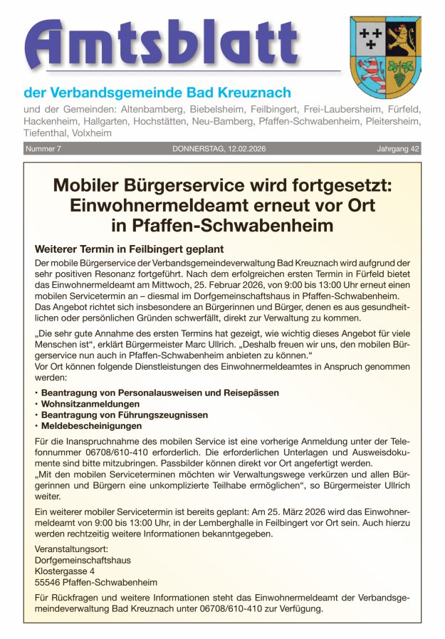Amtsblatt der Verbandsgemeinde Bad Kreuznach Titelblatt 07/2026