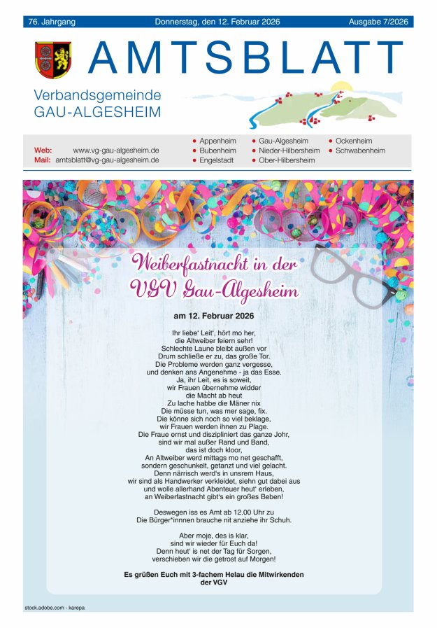 Amtsblatt der VG Gau-Algesheim Titelblatt 07/2026