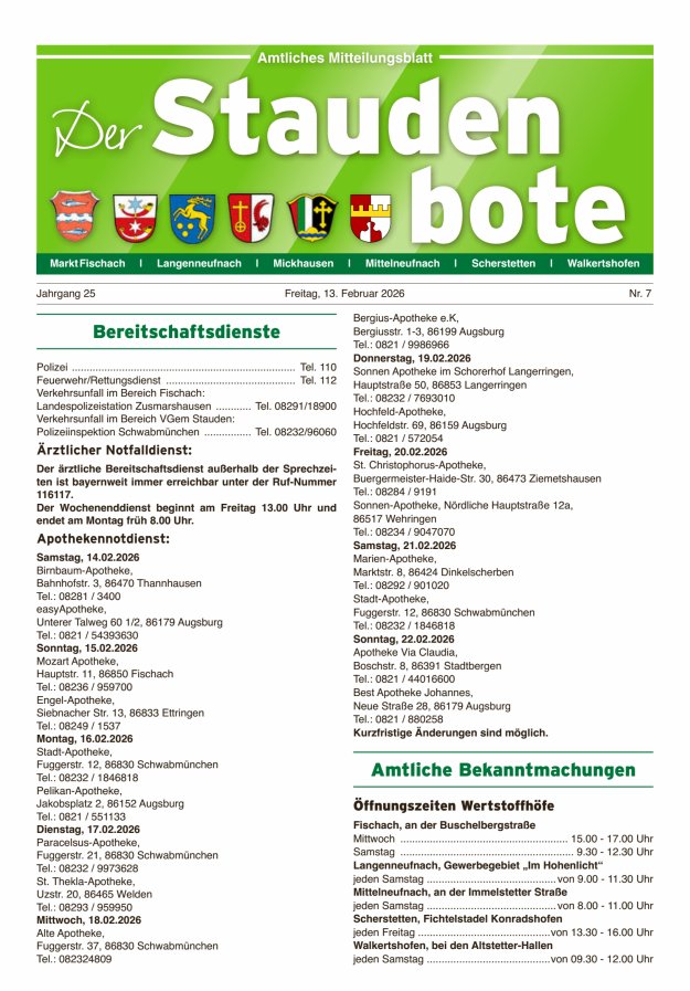 Staudenbote Amtliches Mitteilungsblatt Titelblatt 07/2026
