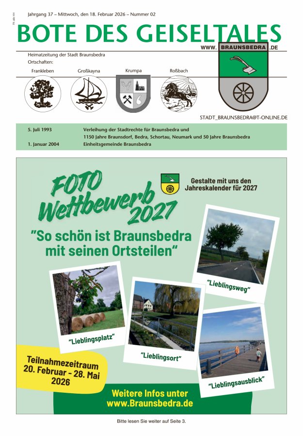 Bote des Geiseltales - Heimatzeitung der Stadt Braunsbedra Titelblatt 02/2026