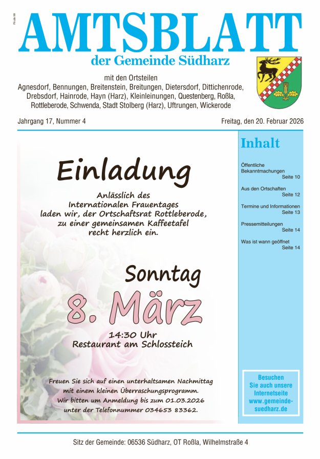 Amtsblatt der Gemeinde Südharz Titelblatt 04/2026