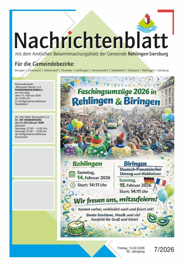 Nachrichtenblatt Rehlingen-Siersburg Titelblatt 07/2026