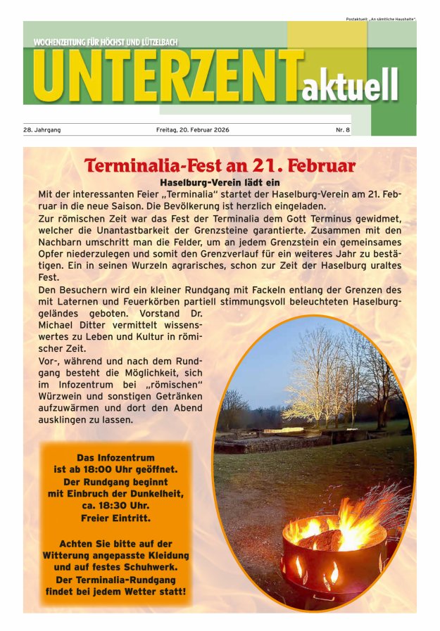 Unterzent aktuell Wochenzeitung für Höchst und Lützelbach Titelblatt 08/2026