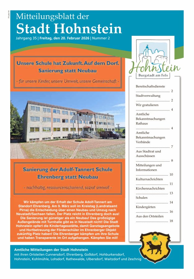 Mitteilungsblatt der Stadt Hohnstein Titelblatt 02/2026