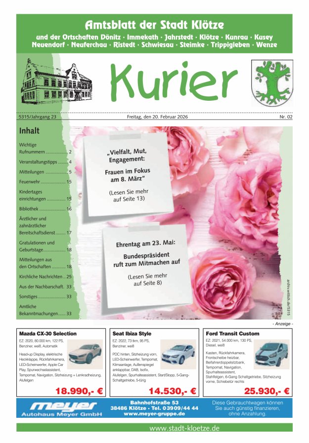 Stadt Klötze Kurier Titelblatt 02/2026