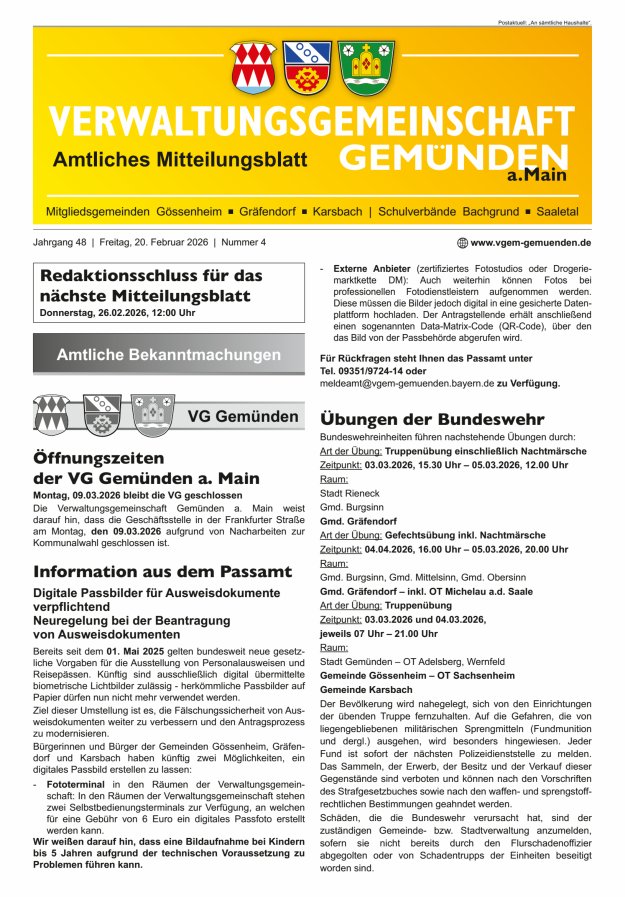 Mitteilungsblatt der VG Gemünden a Main Titelblatt 04/2026