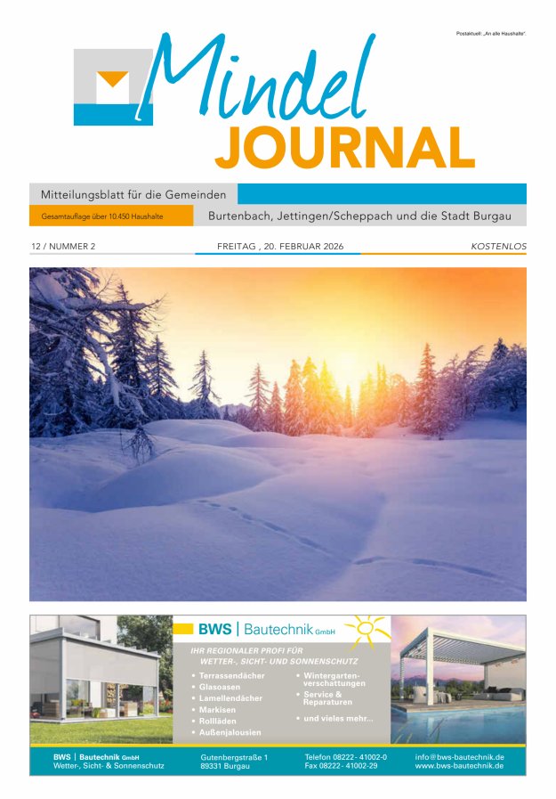Mindeljournal Freies Blatt für Burgau Burtenbach Jettingen-Scheppach Titelblatt 02/2026