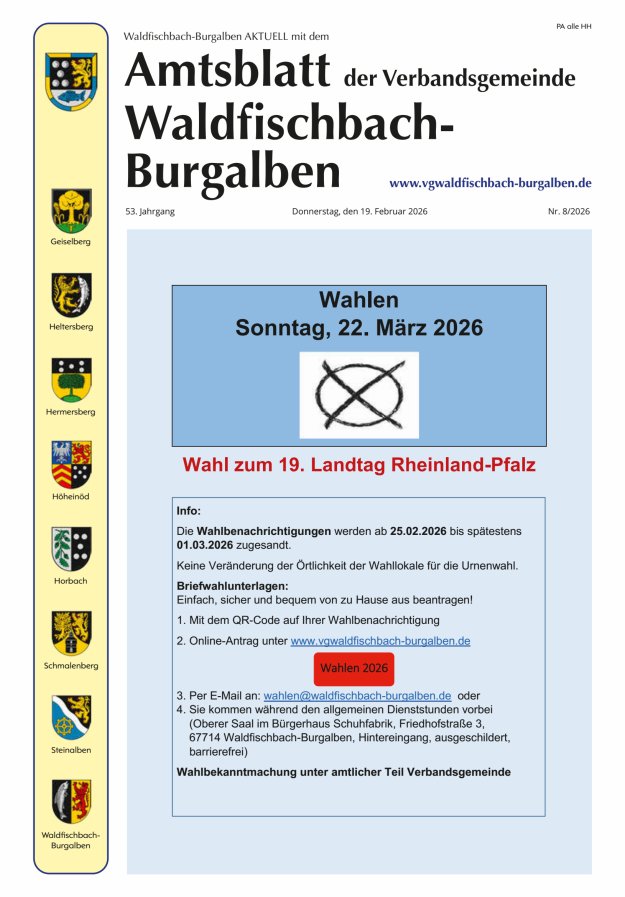 Amtsblatt der Verbandsgemeinde Waldfischbach-Burgalben Titelblatt 08/2026