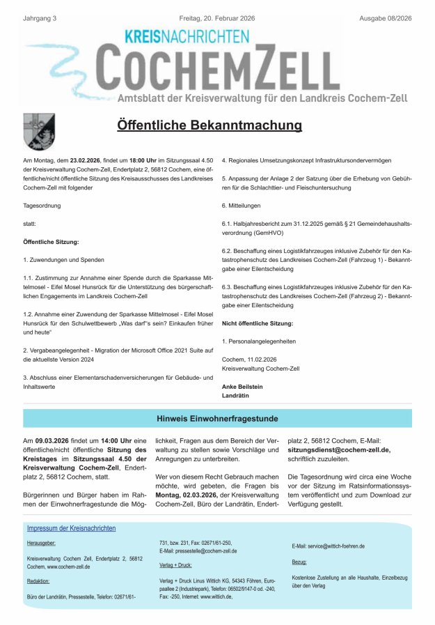 Kreisnachrichten Cochem-Zell Titelblatt 08/2026