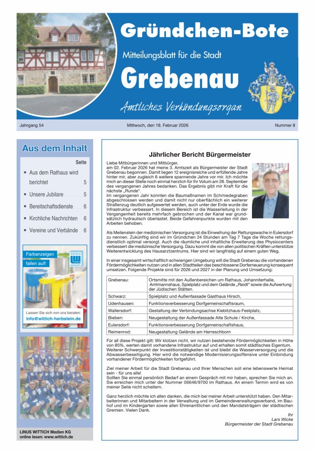 Grebenau - Gründchen Bote - Mitteilungsblatt für die Stadt Grebenau Titelblatt 08/2026