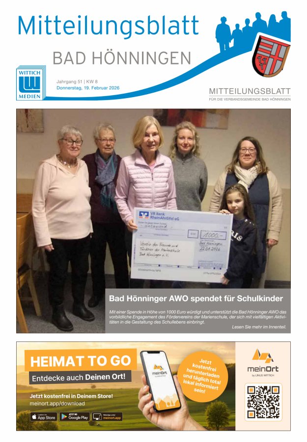 Mitteilungsblatt für den Bereich der Verbandsgemeinde Bad Hönningen Titelblatt 08/2026