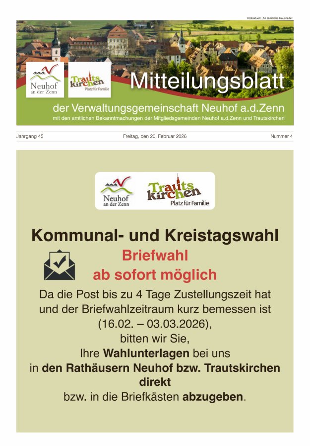 Mitteilungsblatt der Verwaltungsgemeinschaft Neuhof an der Zenn mit den amtlichen Bekanntmachungen der Mitgliedsgemeinden Neuhof an der Zenn und Trautskirchen Titelblatt 04/2026