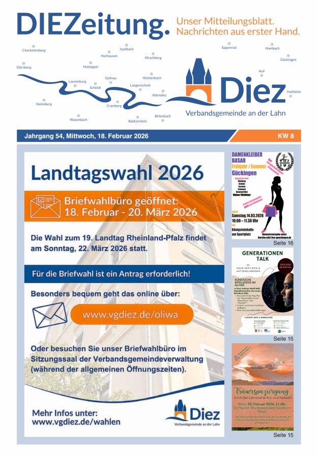 DIEZeitung - Mitteilungsblatt der Verbandsgemeinde Diez  Titelblatt 08/2026