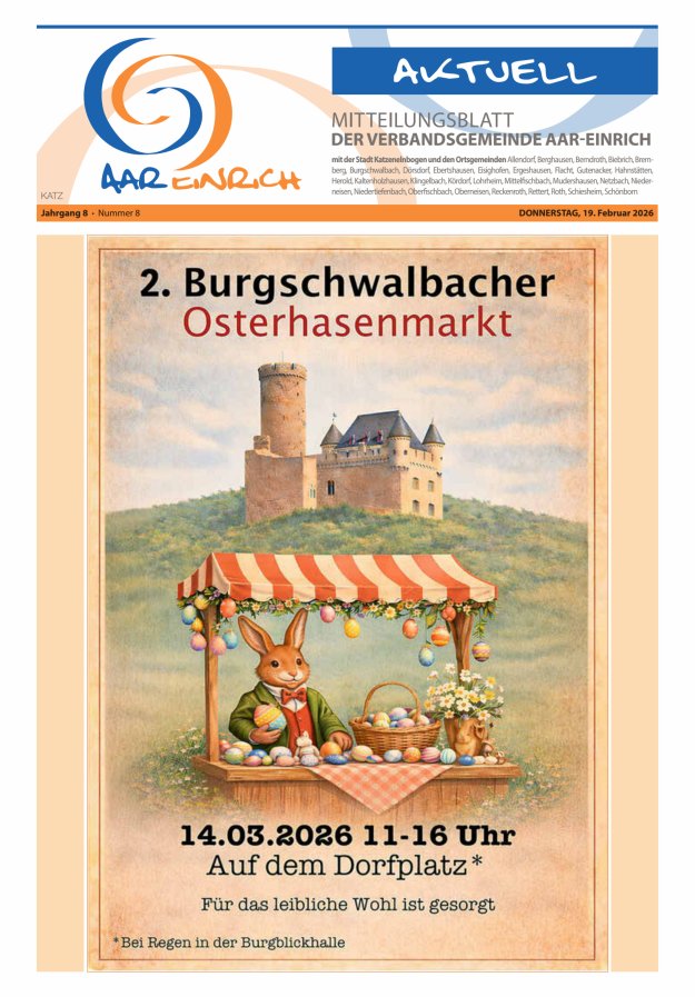 Mitteilungsblatt der Verbandsgemeinde Aar-Einrich Ausgabe Katzenelnbogen Titelblatt 07/2026