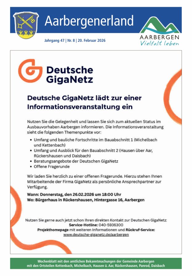 Aarbergenerland - Wochenblatt mit den amtlichen Bekanntmachungen Titelblatt 08/2026