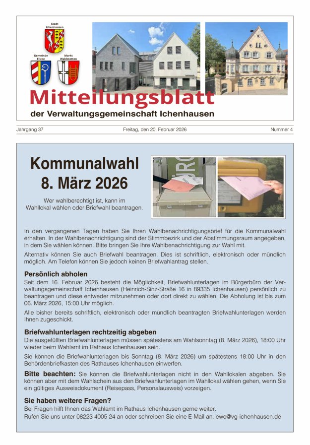 Mitteilungsblatt der Verwaltungsgemeinschaft Ichenhausen Titelblatt 04/2026