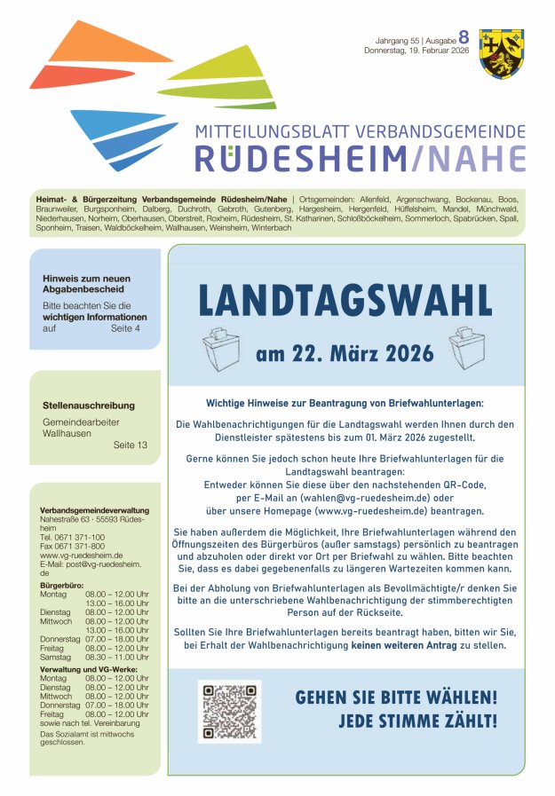 Mitteilungsblatt Verbandsgemeinde Rüdesheim und zugehörige Ortsgemeinden Titelblatt 08/2026