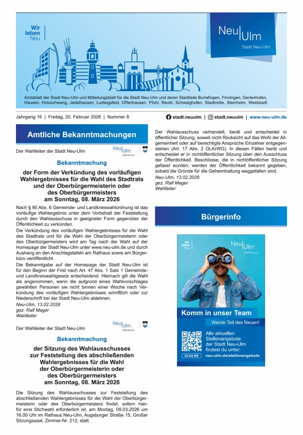 Amtsblatt der Stadt Neu-Ulm und Mitteilungsblatt für die Stadt Neu-Ulm Titelblatt 08/2026