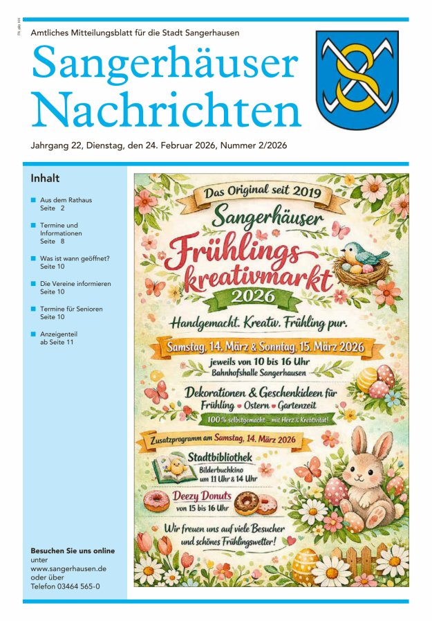 Sangerhäuser Nachrichten – Amtliches Mitteilungsblatt für die Stadt Sangerhausen Titelblatt 02/2026