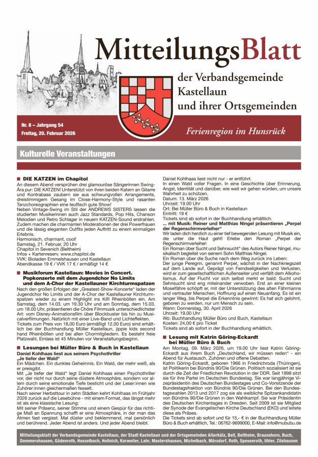 Mitteilungsblatt Kastellaun Titelblatt 08/2026