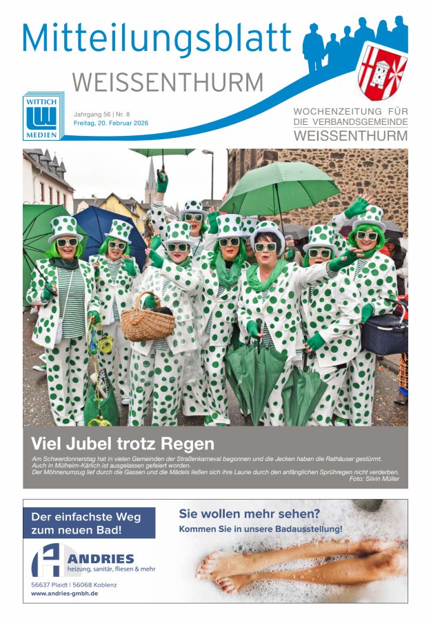 Mitteilungsblatt für den Bereich der Verbandsgemeinde Weißenthurm Titelblatt 08/2026