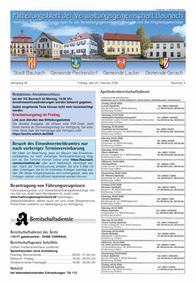 Mitteilungsblatt Verwaltungsgemeinschaft Baunach Titelblatt 04/2026