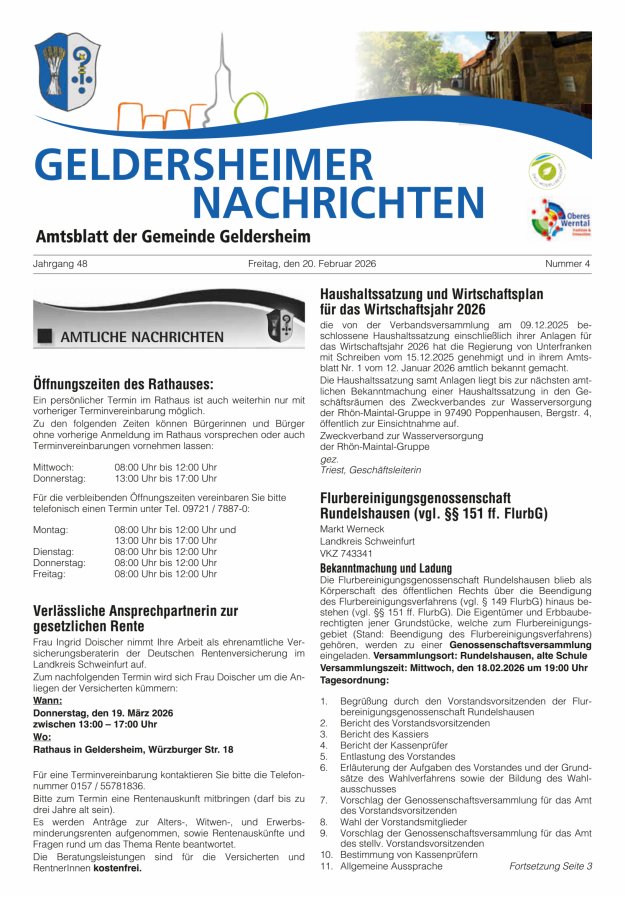 Geldersheimer Nachrichten Amtsblatt der Gemeinde Geldersheim Titelblatt 04/2026