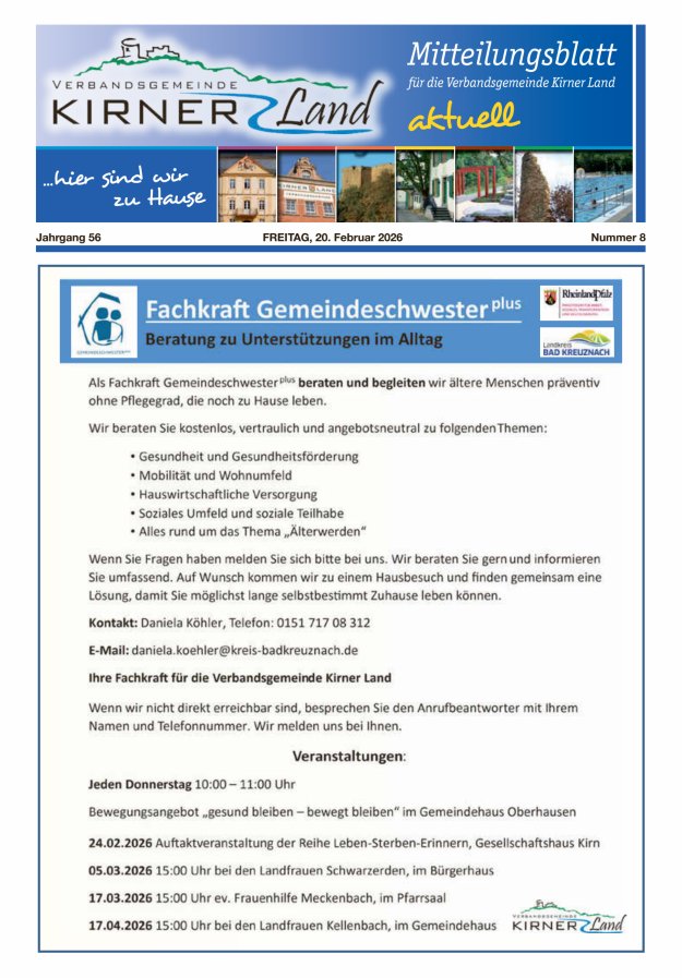 Mitteilungsblatt für den Bereich der Verbandsgemeinde Kirner Land Titelblatt 08/2026