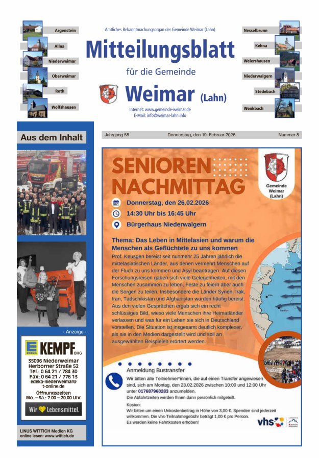 Mitteilungsblatt für die Gemeinde Weimar Titelblatt 08/2026
