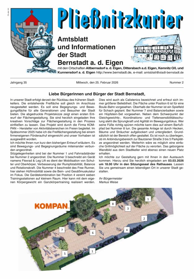 Pließnitzkurier – Amtsblatt und Informationen der Stadt Bernstadt a. d. Eigen Titelblatt 02/2026
