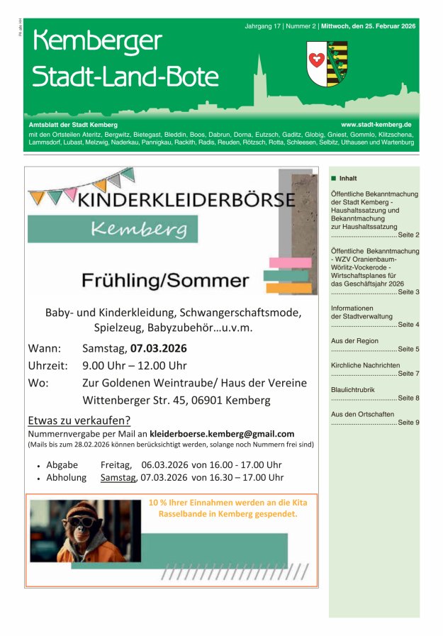 Kemberger Stadt-Land-Bote Amtsblatt der Stadt Kemberg Titelblatt 02/2026