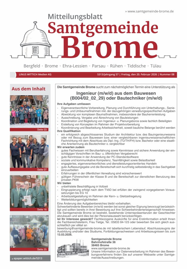 Mitteilungsblatt der Samtgemeinde Brome Titelblatt 08/2026