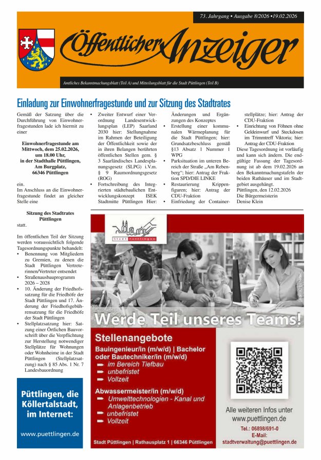 Öffentlicher Anzeiger - Stadt Püttlingen Titelblatt 08/2026