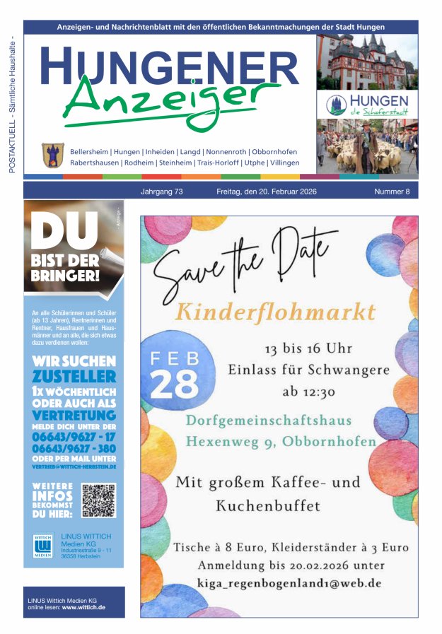 Anzeigen- und Nachrichtenblatt mit den öff  Bekanntmachungen der Stadt Hungen Titelblatt 08/2026
