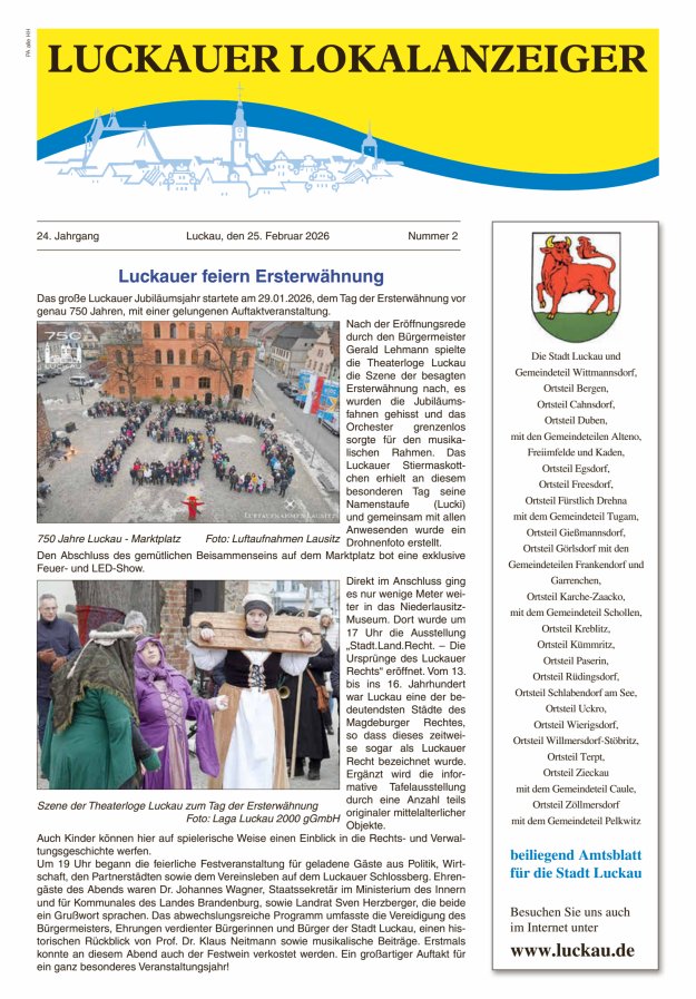 Luckauer Lokalanzeiger (beiliegend Amtsblatt für die Stadt Luckau) Titelblatt 02/2026