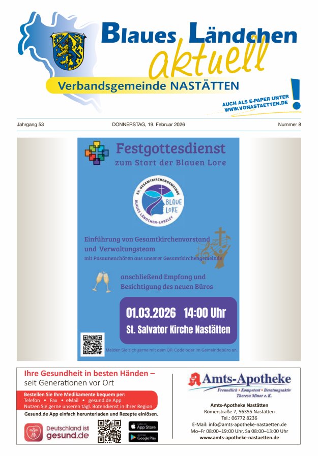 Blaues Ländchen aktuell - Heimat- u Bürgerzeitung VG Nastätten Titelblatt 08/2026