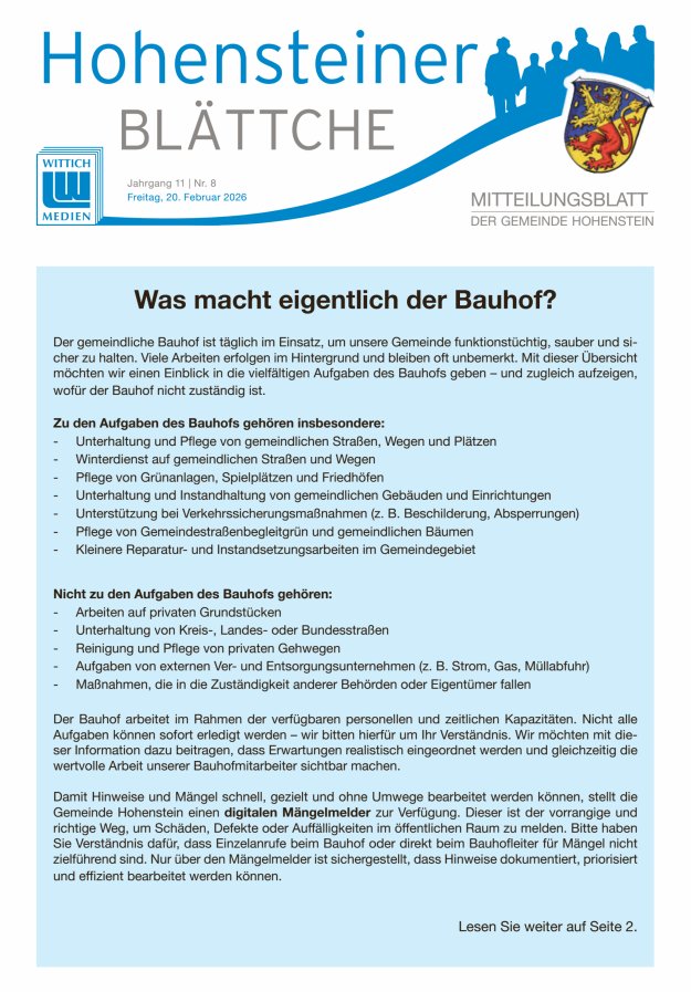Hohensteiner Blättche Titelblatt 08/2026
