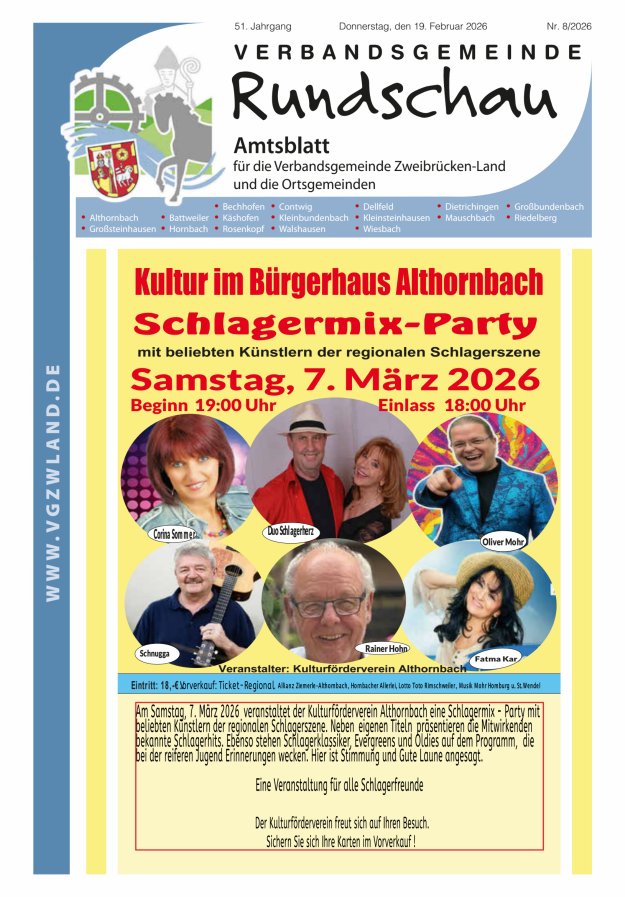 Verbandsgemeinde Rundschau Zweibrücken-Land Titelblatt 08/2026