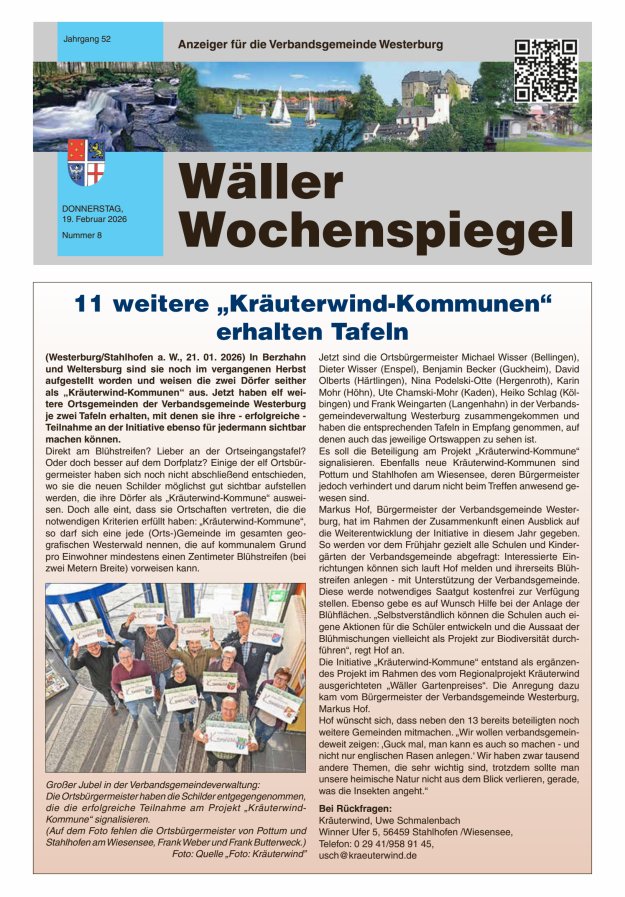 Wäller Wochenspiegel - Anzeiger für die Verbandsgemeinde Westerburg Titelblatt 08/2026