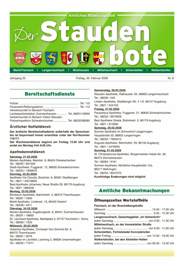 Staudenbote Amtliches Mitteilungsblatt Titelblatt 08/2026