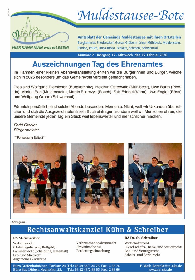 Muldestausee-Bote – Amtsblatt der Gemeinde Muldestausee mit ihren Ortsteilen Titelblatt 02/2026