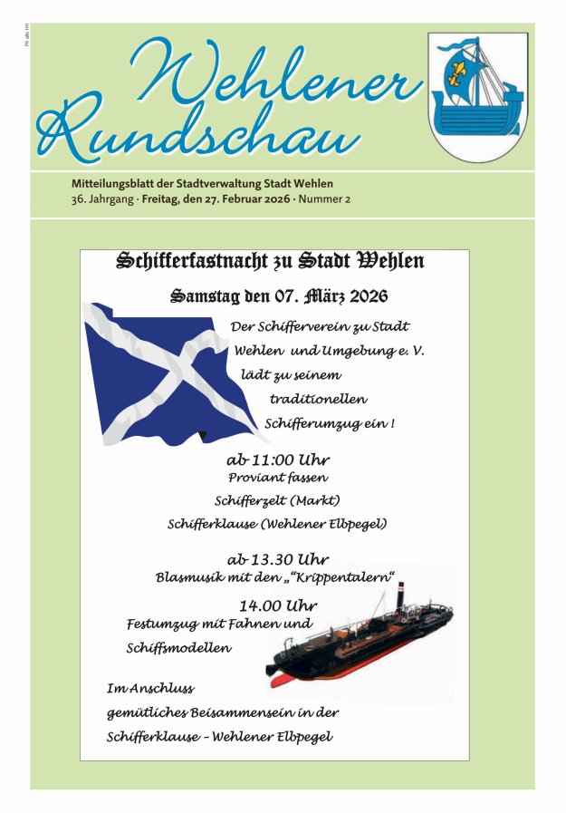 Wehlener Rundschau - Mitteilungsblatt der Stadtverwaltung Stadt Wehlen Titelblatt 02/2026