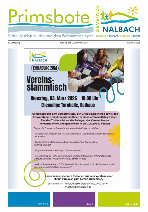 Primsbote Gemeinde Nalbach Titelblatt 08/2026